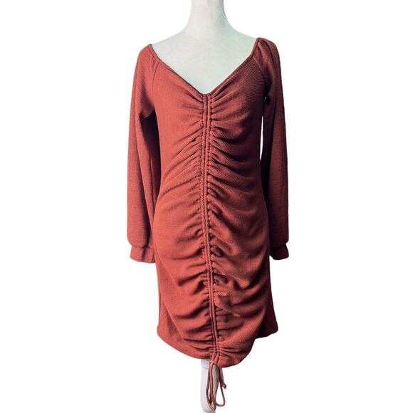 Lulus Aurinda Rust Orange Ruched Off The Shoulder Bodycon Tie Dress, Size Large - Picture 3 of 9